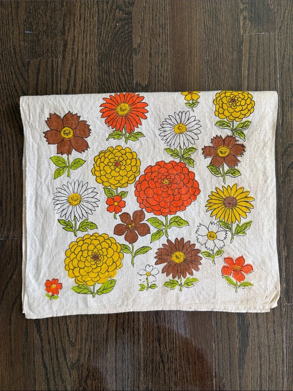Mid Century Flower Power Linen Tea Towel
